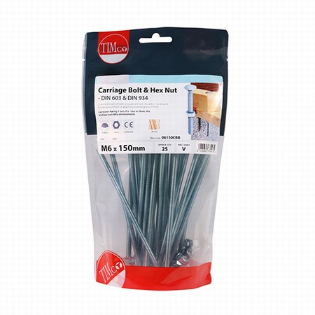 06150CBB.jpg Timco Carriage Bolt & Hex Nut - BZP M6 x 150mm (Bag of 25) - Image 1