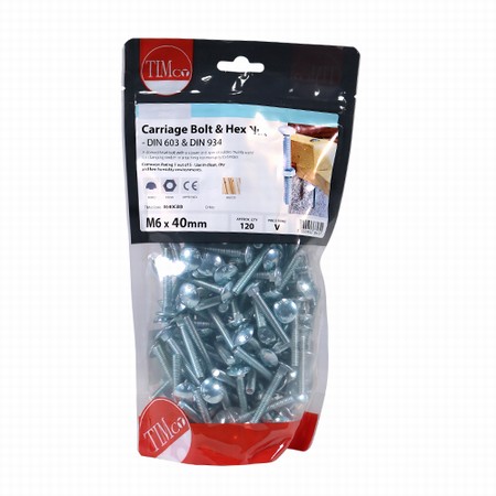0640CBB.jpg Timco Carriage Bolt & Hex Nut - BZP M6 x 40mm (Bag of 120) - Image 1