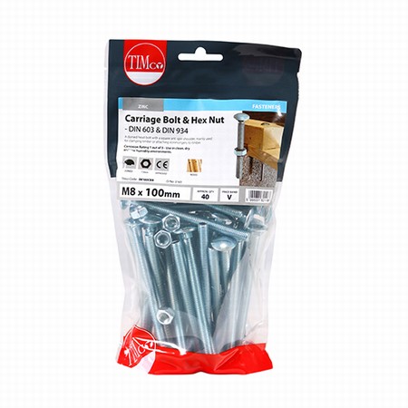 08100CBB.jpg Timco Carriage Bolt & Hex Nut - BZP M8 x 100mm (Bag of 40) - Image 1