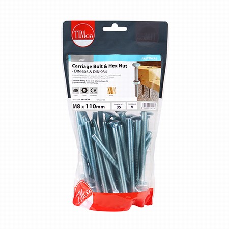 08110CBB.jpg Timco Carriage Bolt & Hex Nut - BZP M8 x 110mm (Bag of 35) - Image 1
