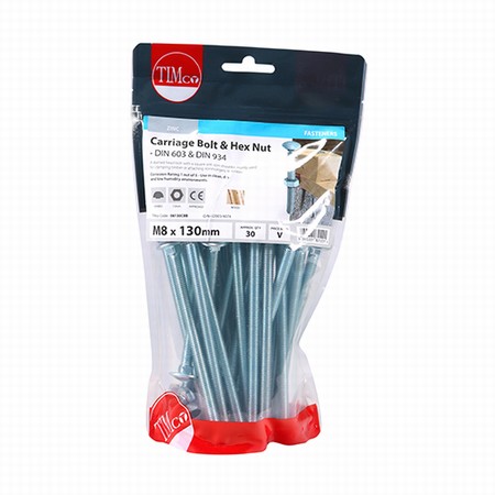 08130CBB.jpg Timco Carriage Bolt & Hex Nut - BZP M8 x 130mm (Bag of 30) - Image 1
