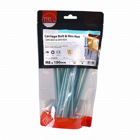 08180CBB.jpg Timco Carriage Bolt & Hex Nut - BZP M8 x 180mm (Bag of 14) - Image 1