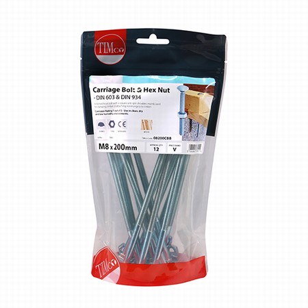08200CBB.jpg Timco Carriage Bolt & Hex Nut - BZP M8 x 200mm (Bag of 12) - Image 1