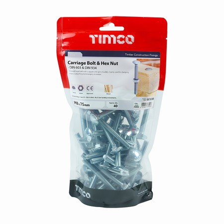 0875CBB.jpg Timco Carriage Bolt & Hex Nut - BZP M8 x 75mm (Bag of 40) - Image 1