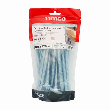 10120CBB.jpg Timco Carriage Bolt & Hex Nut - BZP M10 x 120mm (Bag of 20) - Image 1
