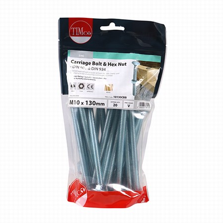 10130CBB.jpg Carriage Bolt & Hex Nut - BZP M10 x 130mm (20) - Image 1