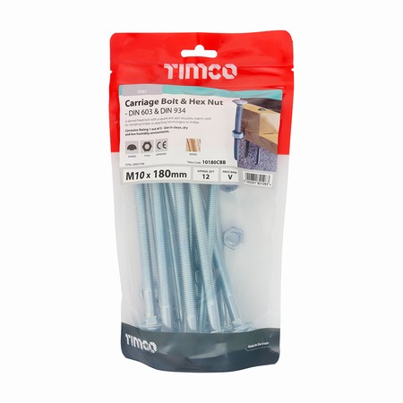 10180CBB.jpg Timco Carriage Bolt & Hex Nut - BZP M10 x 180mm (Bag of 12) - Image 1