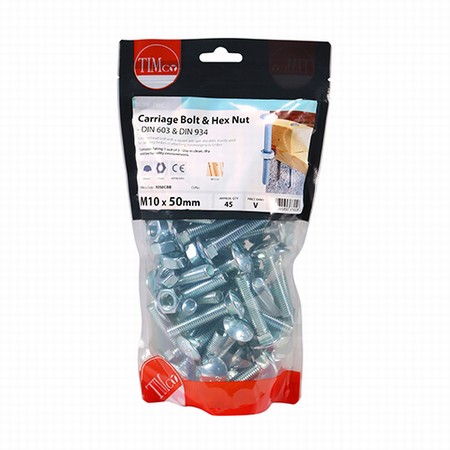 1050CBB.jpg Carriage Bolt & Hex Nut - BZP M10 x 50mm (45) - Image 1