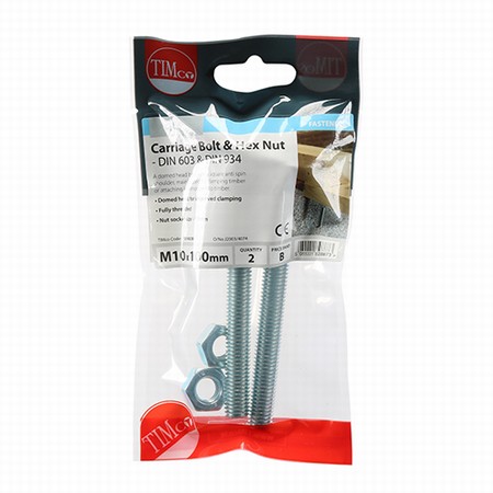 10100CBP-1.jpg Timco Carriage Bolt & Hex Nut - BZP M10 x 120mm (Pack of 2) - Image 1