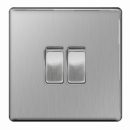 BG Flatplate Light Switch Brushed Steel 2 Gang 2 Way